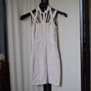 Champagne Bandage Dress w Caged Neck- bebe